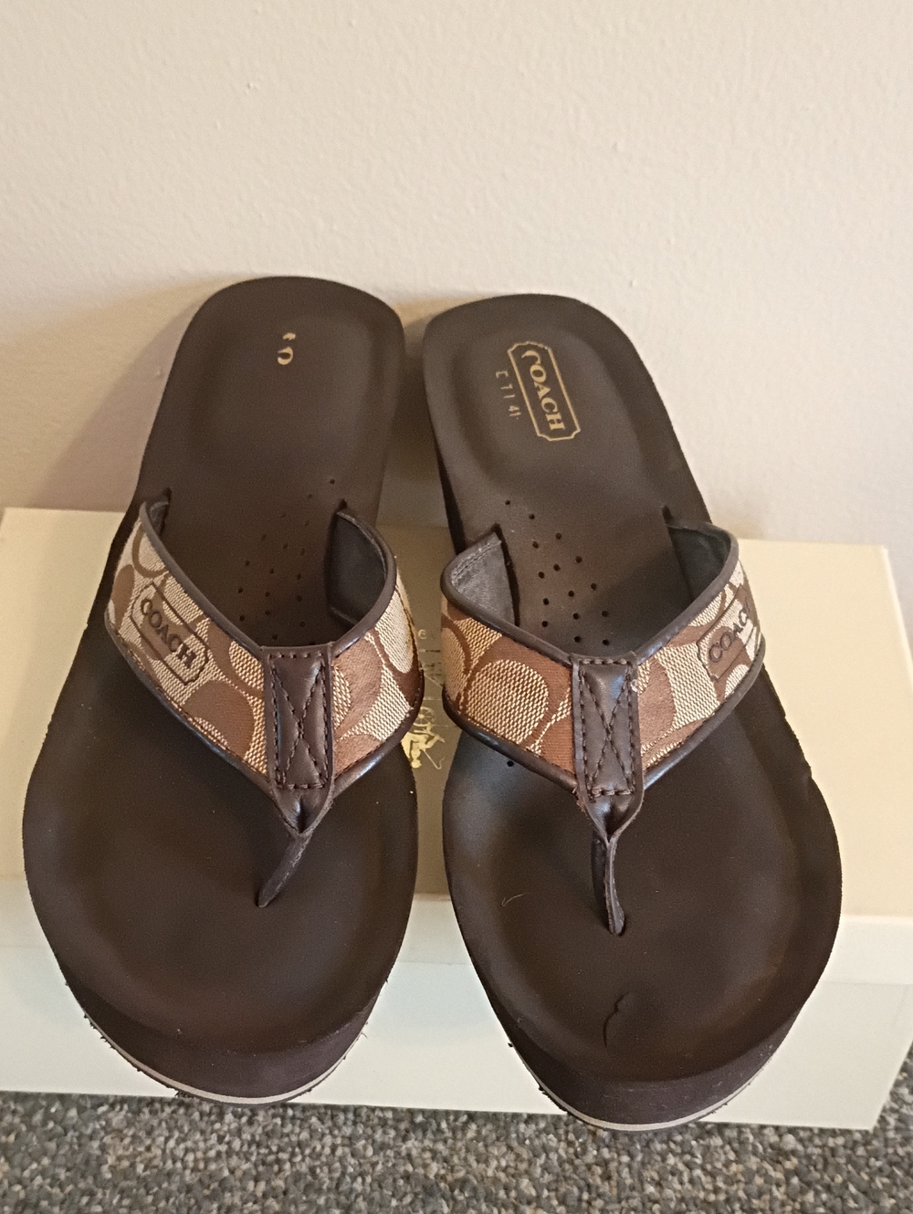 Coach Brown & Tan Signature Logo Flip Flops